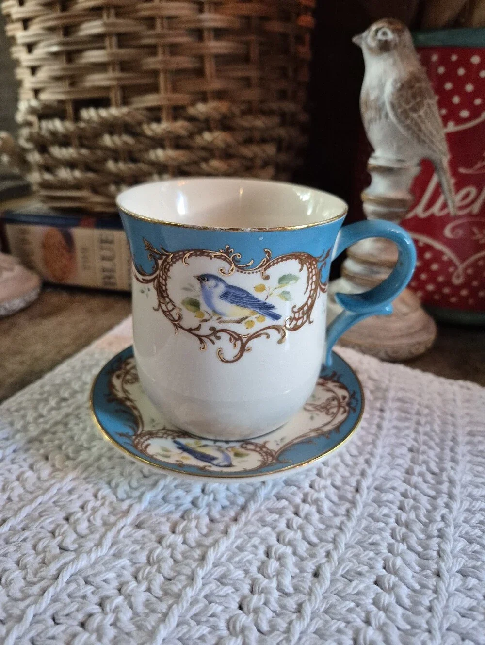 Vtg Gracie China Coastline Imports Teacup & Saucer Gold Scroll Blue Bird Pattern